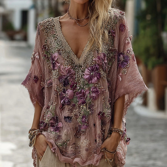 Women's Pansy Embroidered Sequined Short Sleeve T-shirt artswardrobe