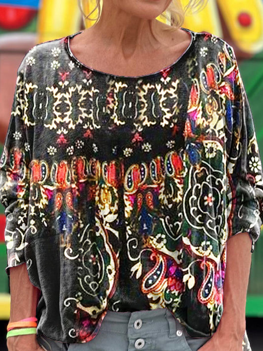 Women's Retro Ethnic Flower Pattern Art Print Casual Long Sleeve T-shi