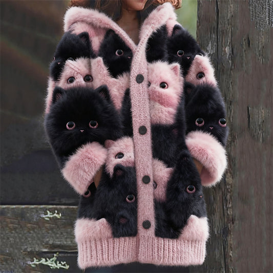 Comstylish Lovely Pink & Black Cats Fuzzy Knit Hooded Cardigan
