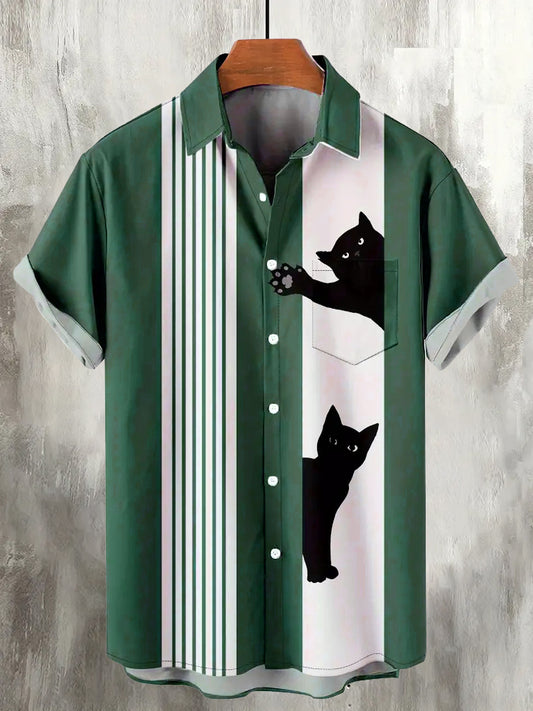 Greeting Cat Print Men's Linen Shirt elevenforest