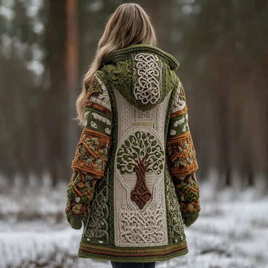 Women's Vintage Viking Tree Of Life Pattern Knit Hooded Sweater Cardigan