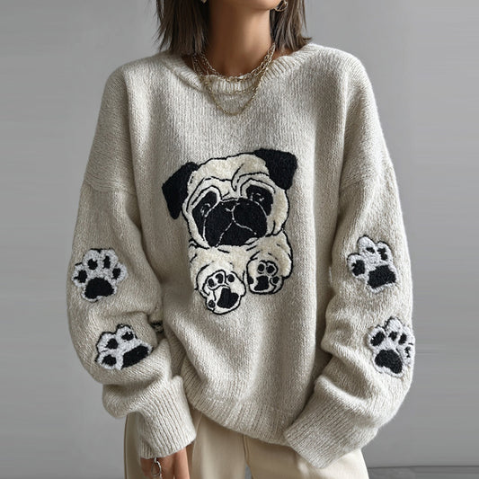 Comstylish Lovely Cute Pug And Paws Embroidery Art Loose Cozy Knit Sweater