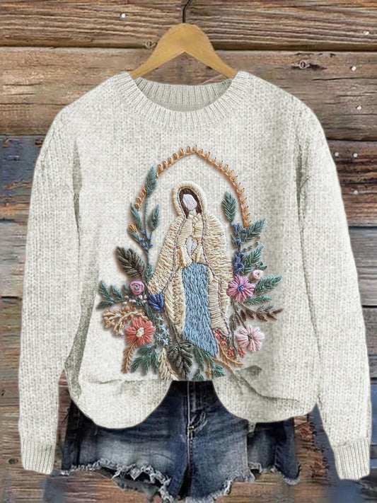 Comstylish Christian Our Lady Floral Embroidered Cozy Knit Sweater