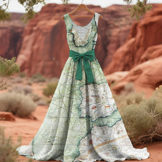 Vintage Medieval Nautical Map Women's Linen Maxi Dress artswardrobe