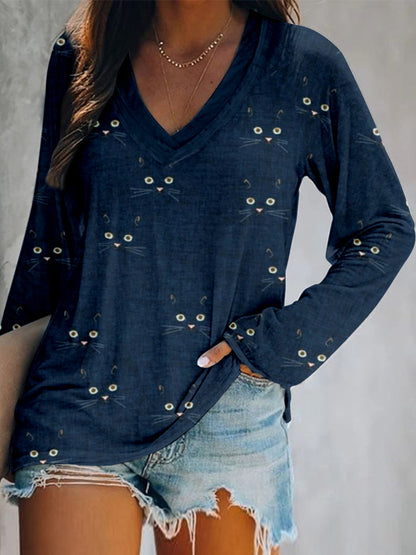 Cute Cat Face Pattern V Neck Casual T Shirt elevenforest