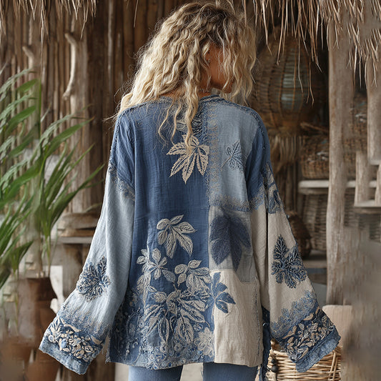 Retro Bohemian Floral With  Maple Leaf Art Embroidery Print Cotton And Linen Blend Kimono Cardigan artswardrobe