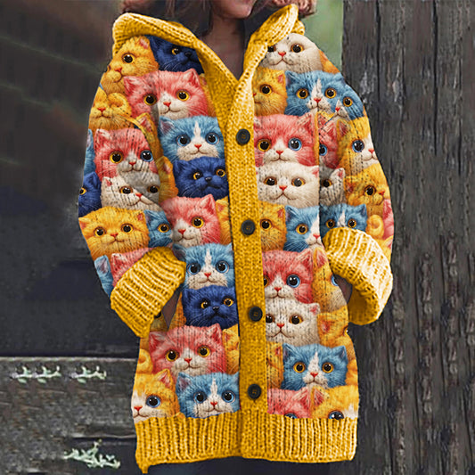 Comstylish Vintage Cozy Family Cat Art Women's Hooded Sweater Cardigan