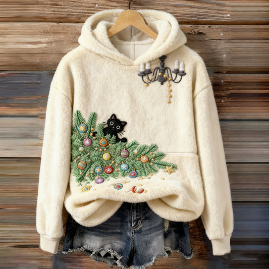 Women's Naughty Black Cat Knocks Over Christmas Tree Comfort Flannel Hoodie