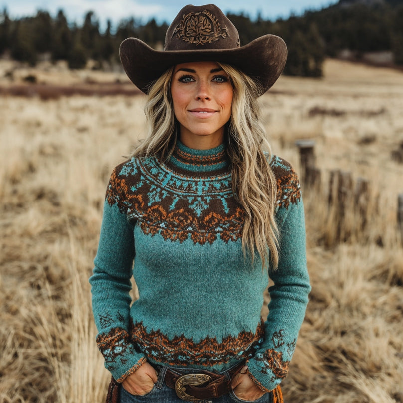 Women's Vintage Western Geometric Art Print Knit Turtleneck Sweater artswardrobe