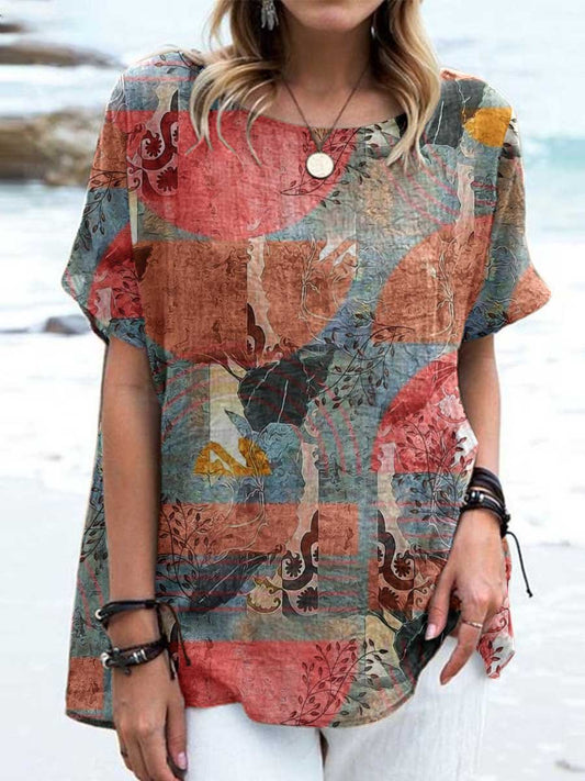 Women's Retro Geometric Pattern Cotton and Linen Crew Neck Top