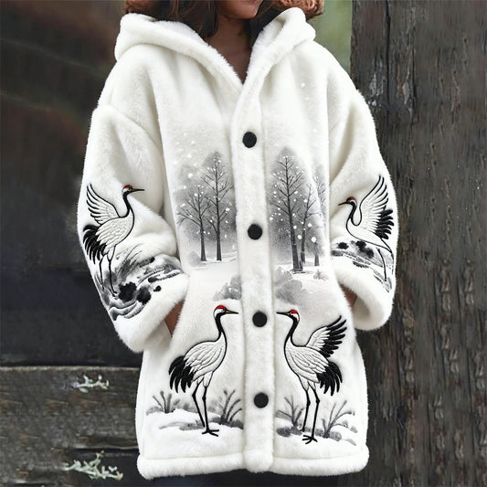 Comstylish Winter Japanese Crane Embroidery Design Women's Hooded Flannel Cardigan