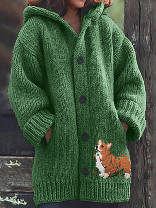 Comstylish Funny Christmas Corgi Dog Embroidered Cozy Hooded Cardigan
