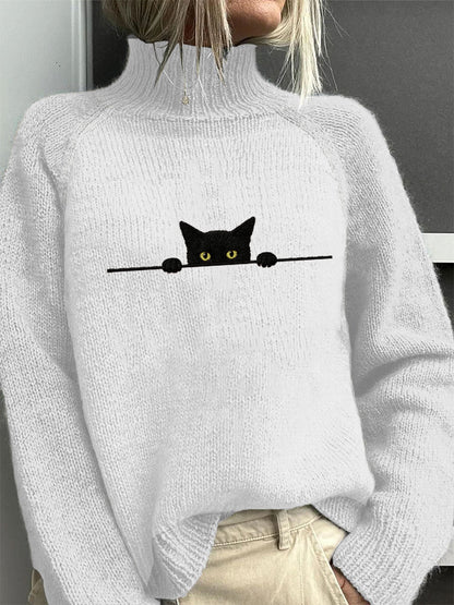 Comstylish Women's Casual Funny Black Cat Print High Neck Sweater
