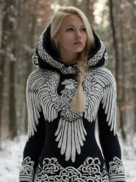 Comstylish Women's Viking Style Wings Art Celtic Knot Distressed Thickened Knit Hoodie Sweater
