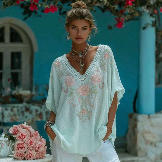 Comstylish Women's Vintage Bohemian Floral Embroidered Casual V-neck T-shirt