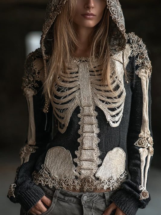 Comstylish Women's Halloween Skeleton Rose Retro Dark Hooded Sweater