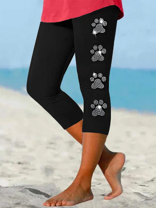 Comstylish Women's Shiny Rhinestones Dog Paw Print Cropped Leggings