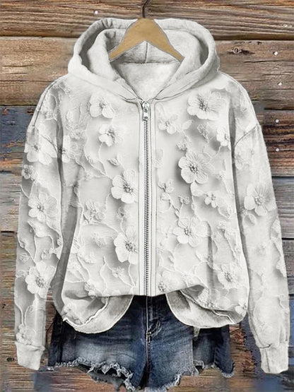 Comstylish 3d Floral Embroidered Lace Cozy Full Zip Hoodie