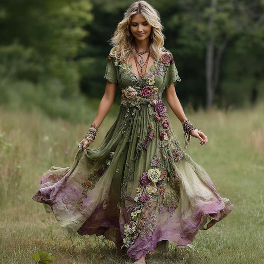 Women's Vintage Floral Embroidery Gradient Pattern V-neck Maxi Dress artswardrobe