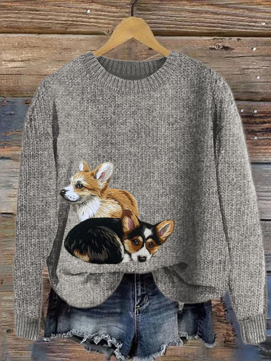 Comstylish Lovely Corgi Dogs Embroidered Cozy Knit Sweater