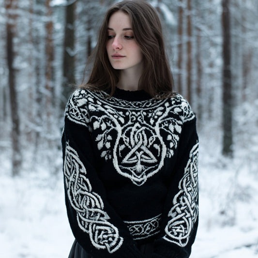 Comstylish Women's Retro Celtic Knot Floral Line Comfortable Crew Neck Sweater