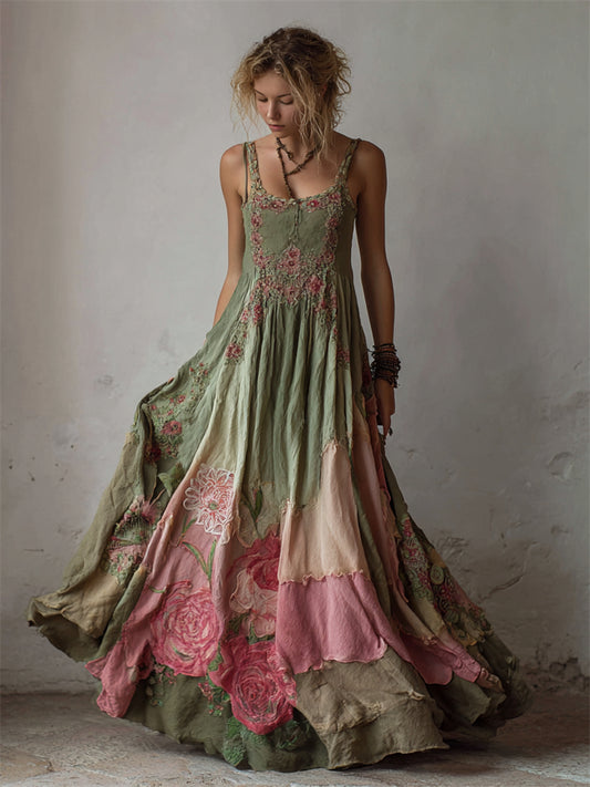 Pink Floral Embroidered Gradient Fiber Art Flowy Linen Maxi Dress artswardrobe