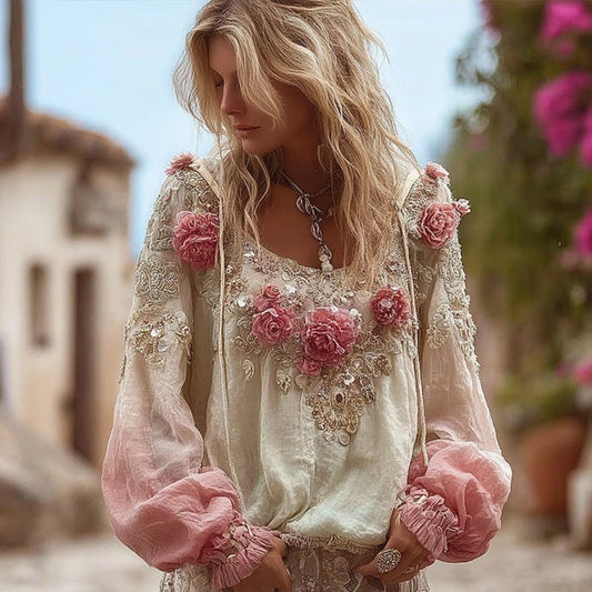 Comstylish Bohemian Style Sequined Flower Loose Vintage Long-sleeved Top