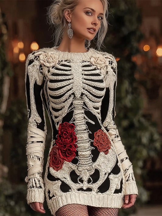 Halloween Skeleton & Rose & Bandage Art Women's Crew Neck Knit Mini Dress artswardrobe