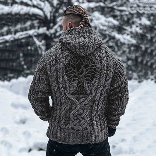 Men's Viking Tribal Tree Of Life Celtic Chunky Knit Hooded Sweater elevenforest