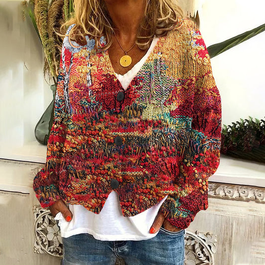 Autumn Print V-Neck Knitted Cozy Cardigan artswardrobe