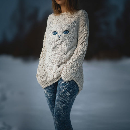 Cute Cat Face Pattern Jacquard Cozy Knit Sweater