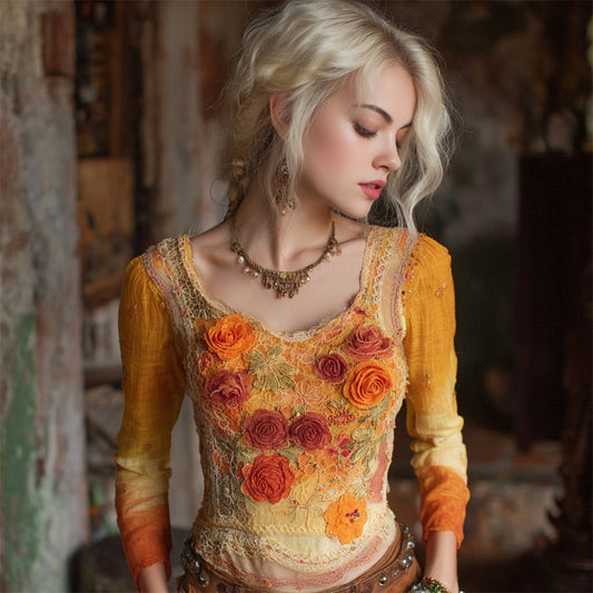 Autumn Floral Vintage Lace Patchwork Art Women's Long Sleeve Top artswardrobe