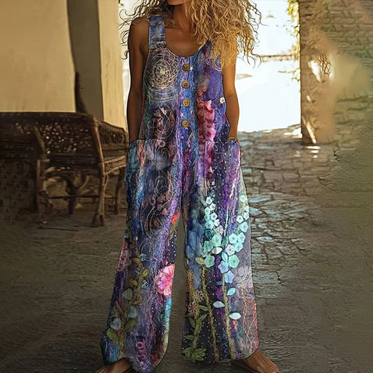 Women's Floral Art Print Wide Leg Jumpsuit artswardrobe