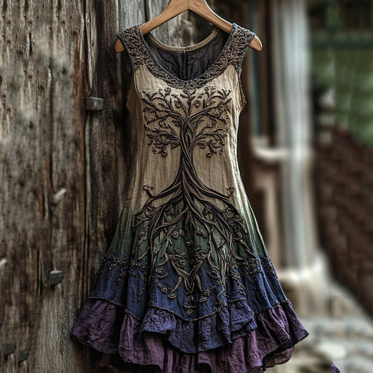 Women's Vintage  Viking Tree Of Life Color Gradient Linen Dress artswardrobe