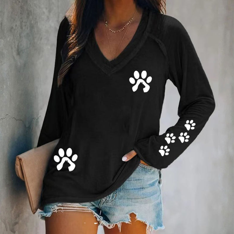 Cute Paw Print V-Neck Long Sleeved Casual T-Shirt elevenforest
