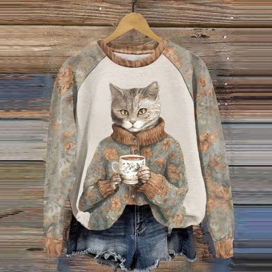 Winter Funny Cute Wonderland Clothing Floral Cat Printed Casual Sweatshirt elevenforest