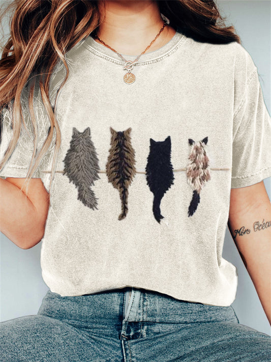 Cats Back View Embroidered Vintage Washed T Shirt elevenforest