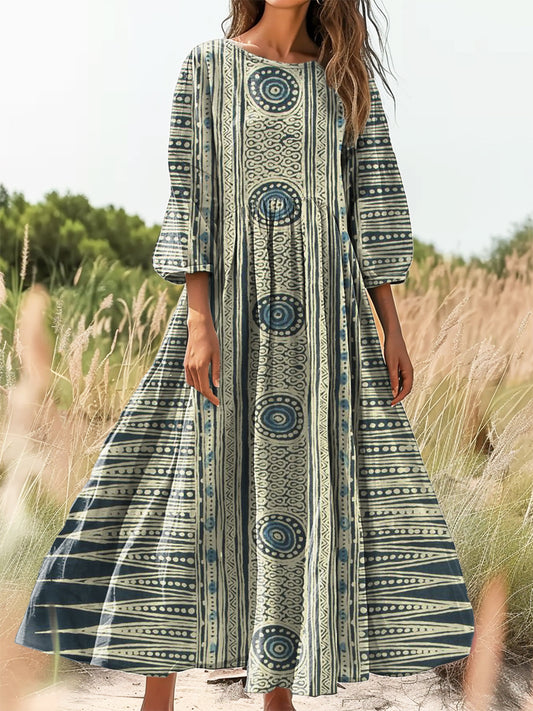 Women's Vintage Bohemian Floral Art Print Flowy Cotton Crew Neck Dress
