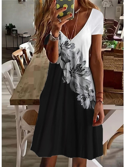 KS | Women's Sundress Midi Dress Short Sleeve Floral Print Summer Casual V Neck Loose Dresses Plus Size 2024 Women's Clothing Vestidos