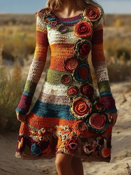 Comstylish Vintage Bohemia Flower Crochet Striped Midi Sweater Dress