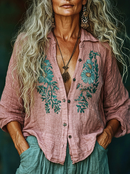Comstylish Women's Vintage Linen Bohemian Print Shirt