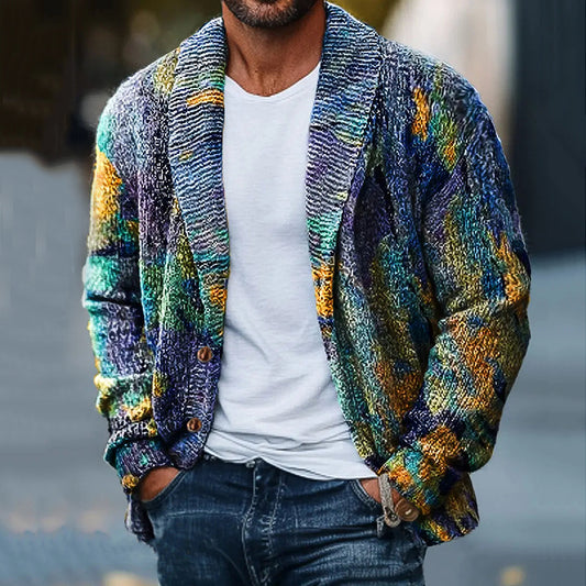 Men'S Vintage Watercolor Art Print Pattern Knitted Cardigan Sweater artswardrobe