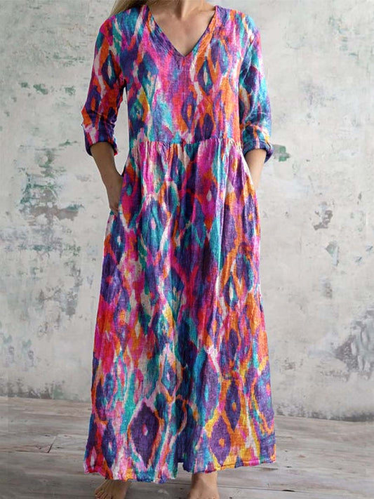 Women's V-neck Colorful Geometric Pattern Cotton Fabric Dress with Poc