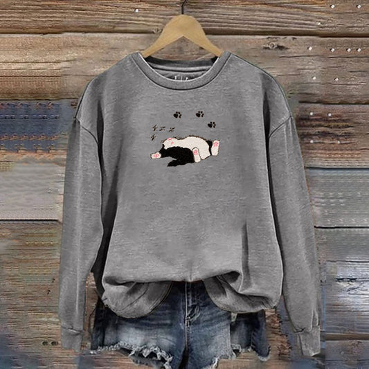 Funny Sleeping Cat Embroidered Print Sweatshirt elevenforest