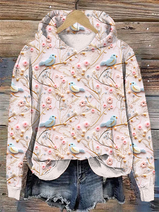 Birds & Flowers Embroidery Art Casual Cozy Hoodie artswardrobe