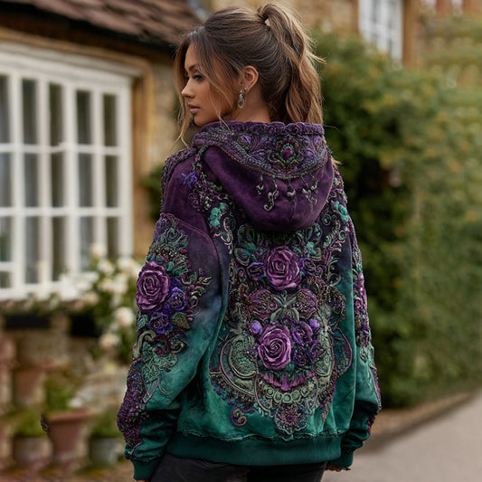 Comstylish Vintage Floral Embroidery Gradient Art Casual Hooded