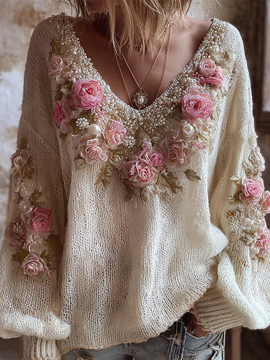 Boho Floral Pearl Embellished Embroidered Vintage Women's V-neck Sweater artswardrobe