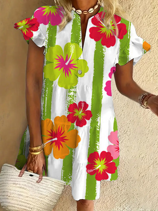 Green Stripes and Flower Ruffled Short-sleeved V-neck Buttoned Dress Vacation Beach Dress