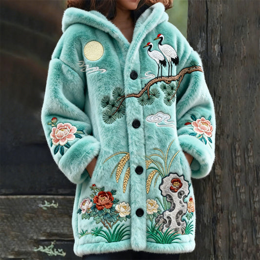 Comstylish Japanese Floral & Crane Embroidery Design Women's Hooded Flannel Cardigan