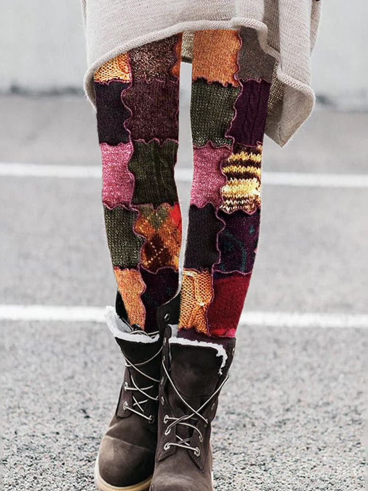 Vintage Colorful Patchwork Cozy Knit Leggings artswardrobe